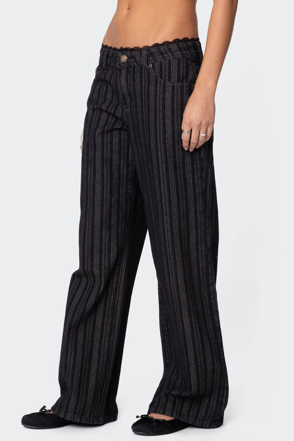 Edikted Lace Trim Striped Low Rise Jeans Black