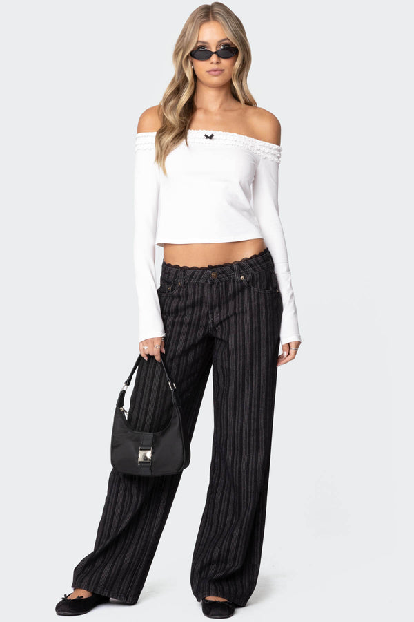 edikted Lace Trim Striped Low Rise Jeans black