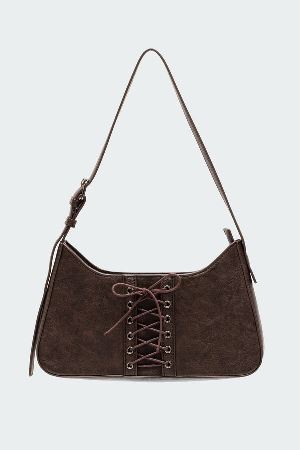 Edikted Lace Up Faux Leather Bag Dark Brown