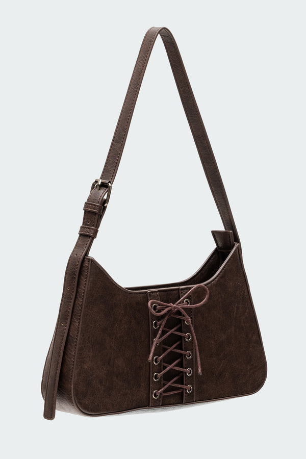 Edikted Lace Up Faux Leather Bag Dark Brown