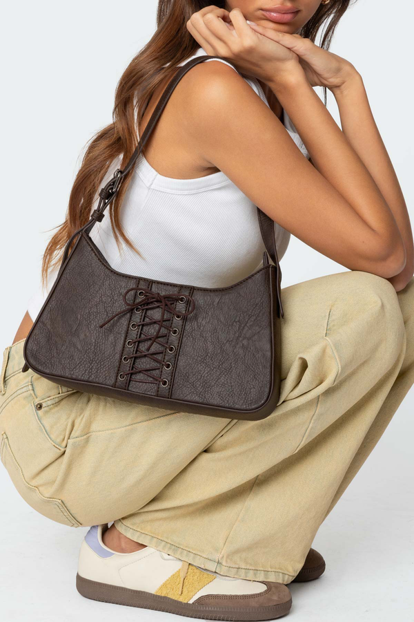 edikted Lace Up Faux Leather Bag dark brown