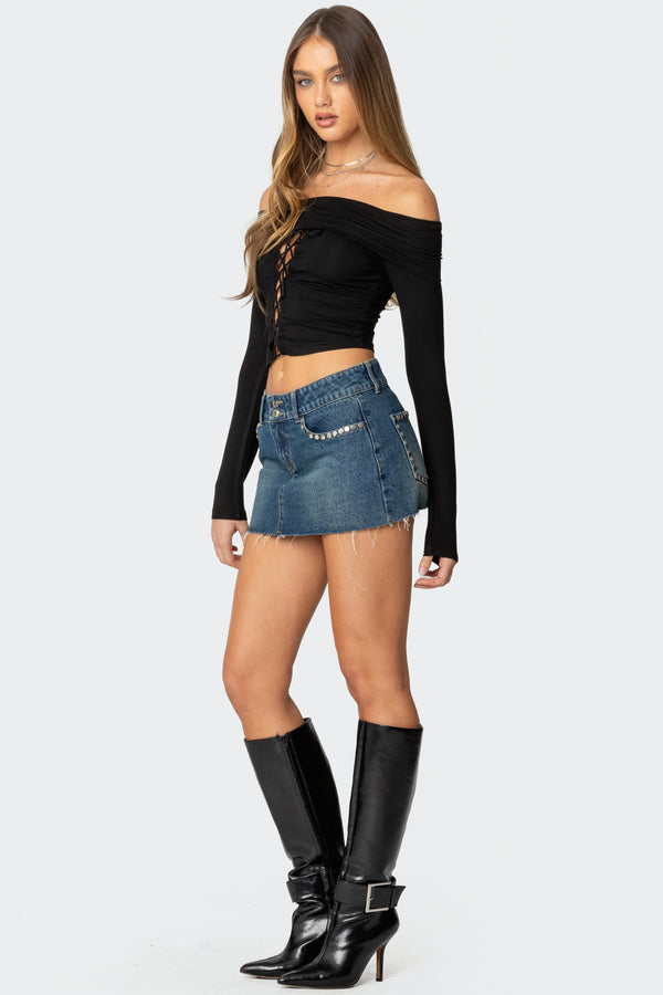 Edikted Lace Up Fold Over Top Black