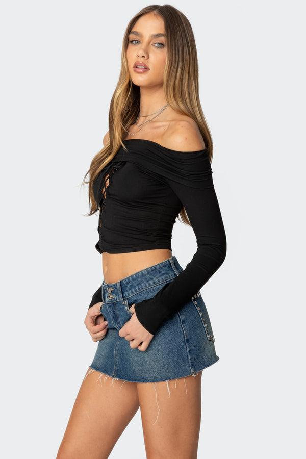 Edikted Lace Up Fold Over Top Black