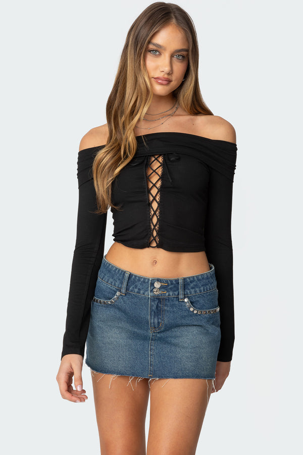 edikted Lace Up Fold Over Top black
