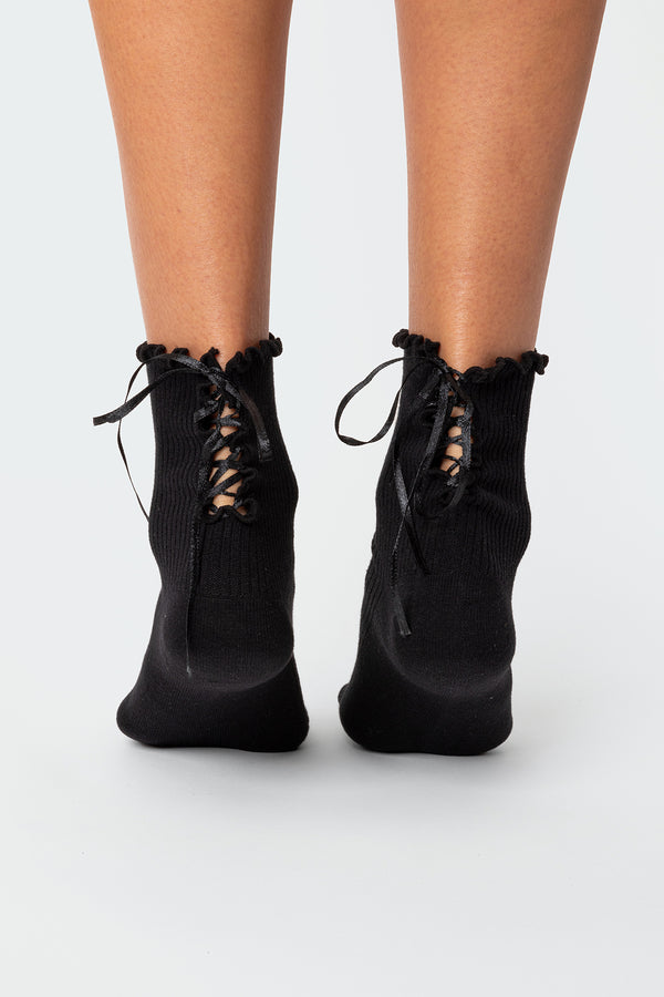 Edikted Lace Up Frilled Socks Black