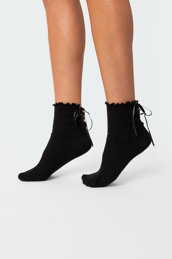 edikted Lace Up Frilled Socks black