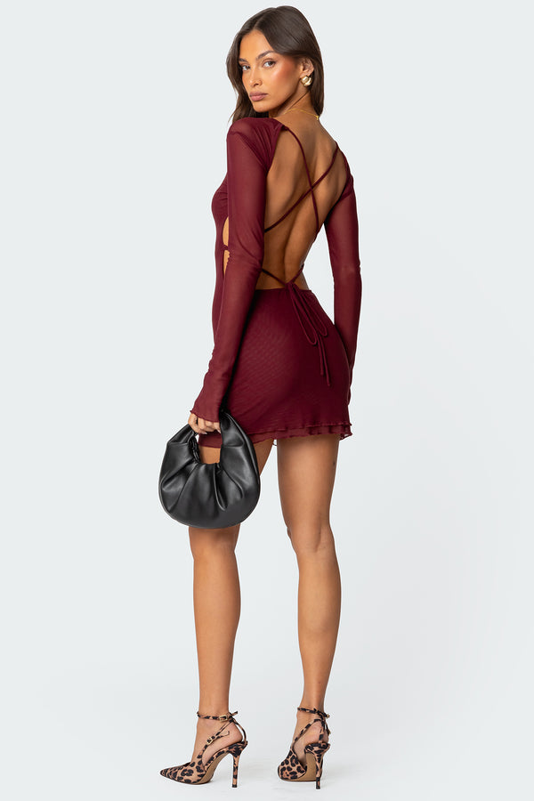edikted Lace Up Mesh Mini Dress burgundy