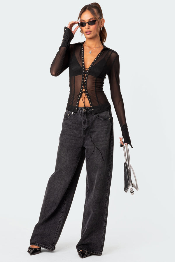 Edikted Lace Up Sheer Mesh Top Black