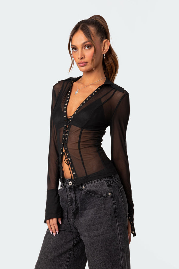 Edikted Lace Up Sheer Mesh Top Black