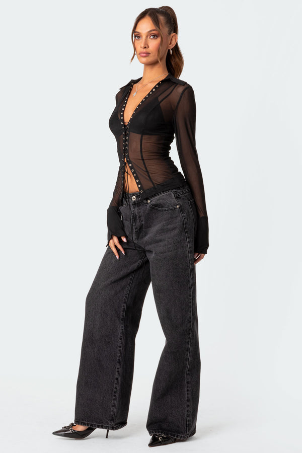 Edikted Lace Up Sheer Mesh Top Black