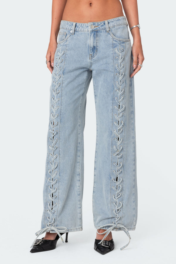 Edikted Laced Up Low Rise Jeans Light Blue