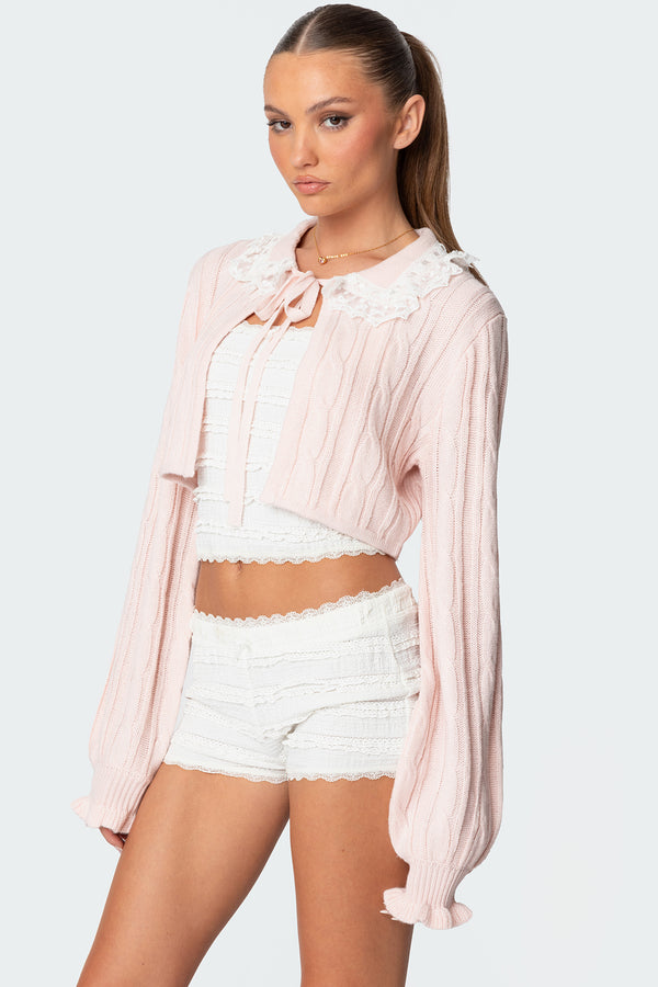 Edikted Lacey Collared Cable Knit Cardigan Pink