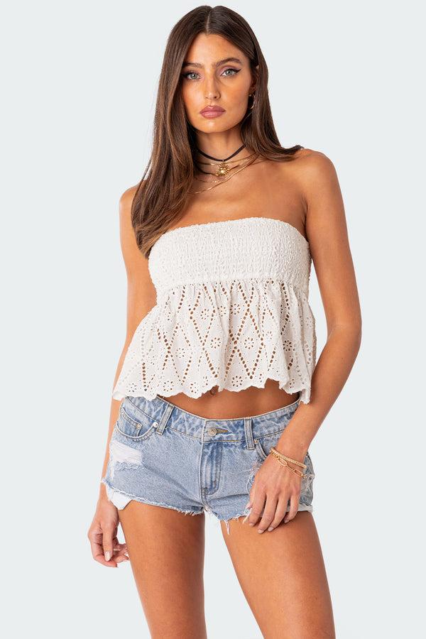 edikted Lacey Cotton Scrunch Tube Top white