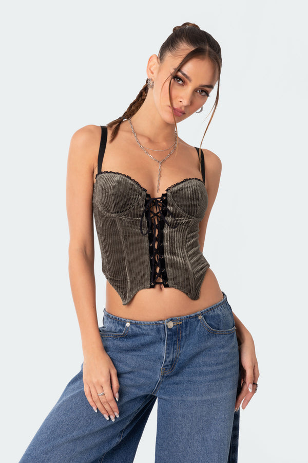 Edikted Lacey Cupped Velvet Corset Olive