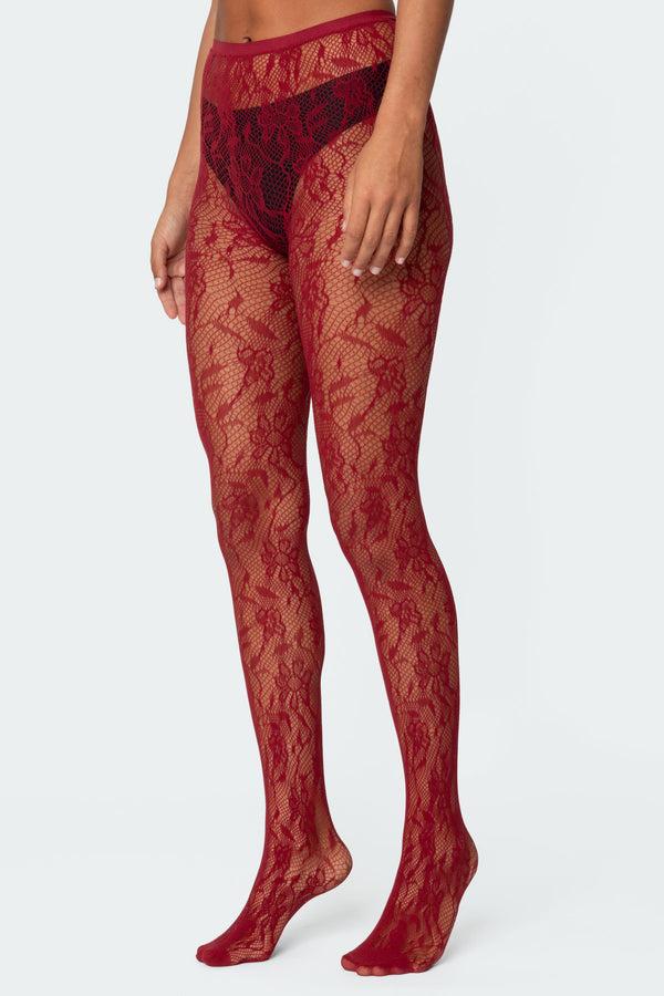Edikted Lacey Fishnet Tights Red