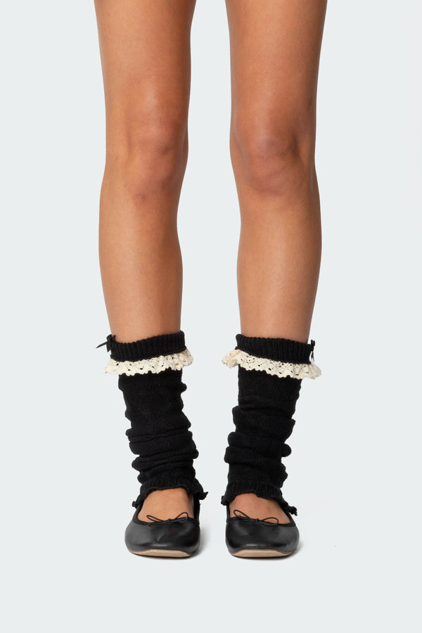Edikted Lacey Frill Knit Leg Warmers Black