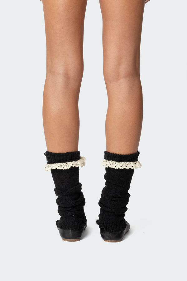 Edikted Lacey Frill Knit Leg Warmers Black