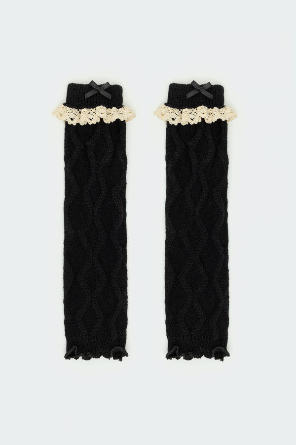 Edikted Lacey Frill Knit Leg Warmers Black