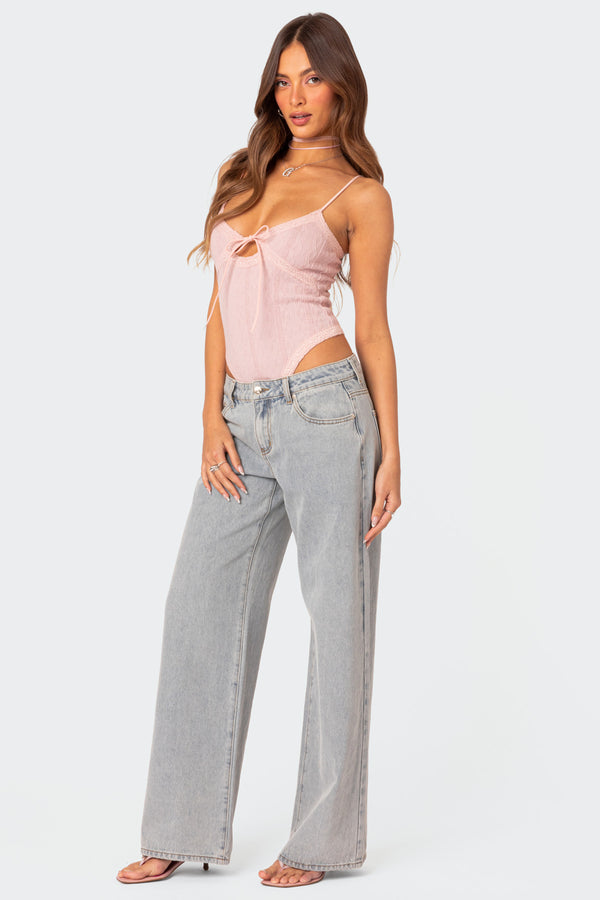 Edikted Lacey Knit Cut Out Bodysuit Light Pink