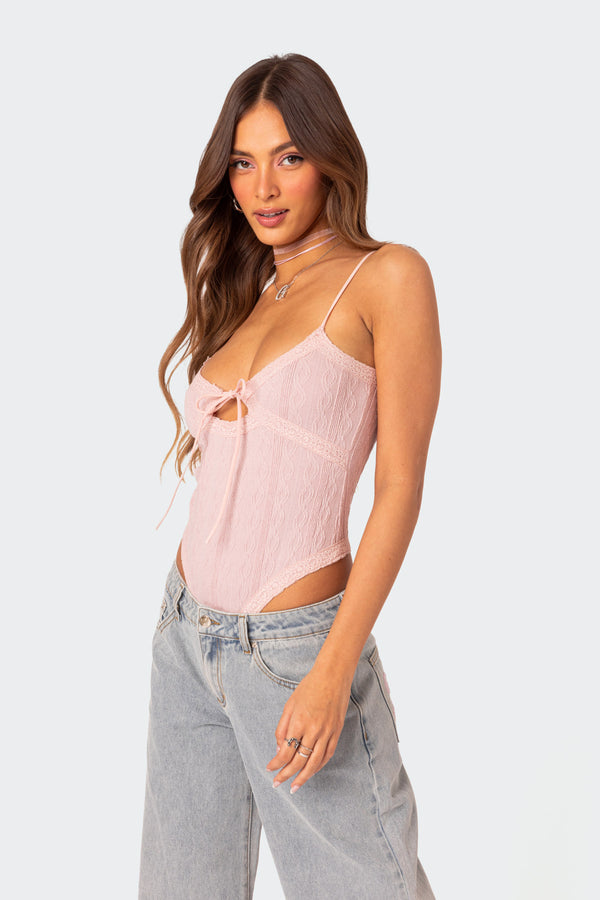 Edikted Lacey Knit Cut Out Bodysuit Light Pink