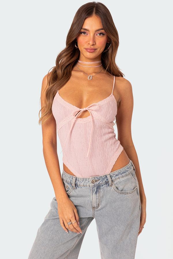 edikted Lacey Knit Cut Out Bodysuit light pink