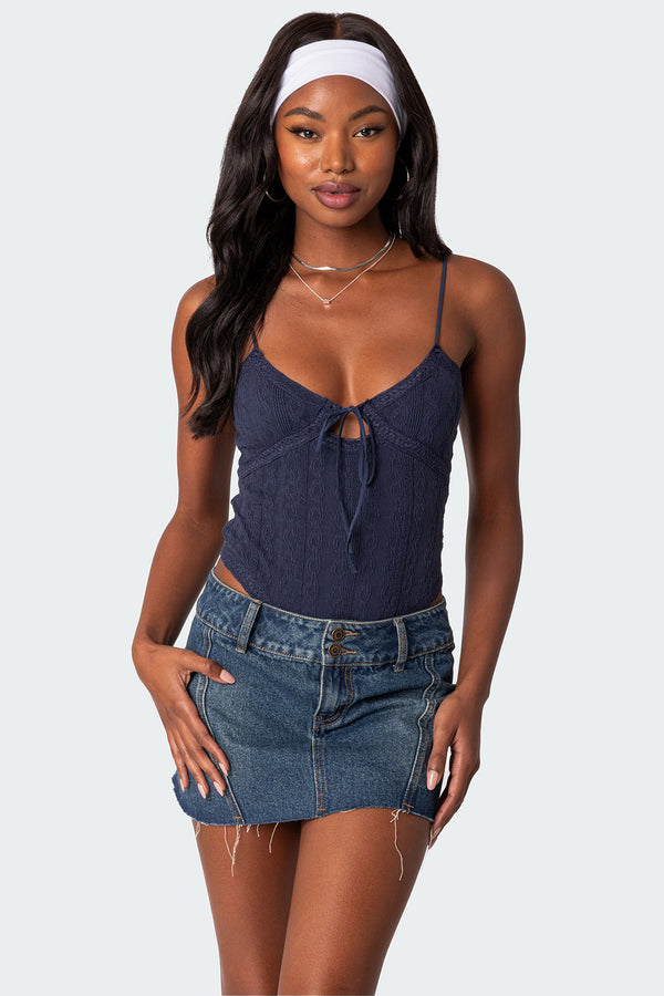 edikted Lacey Knit Cut Out Bodysuit navy