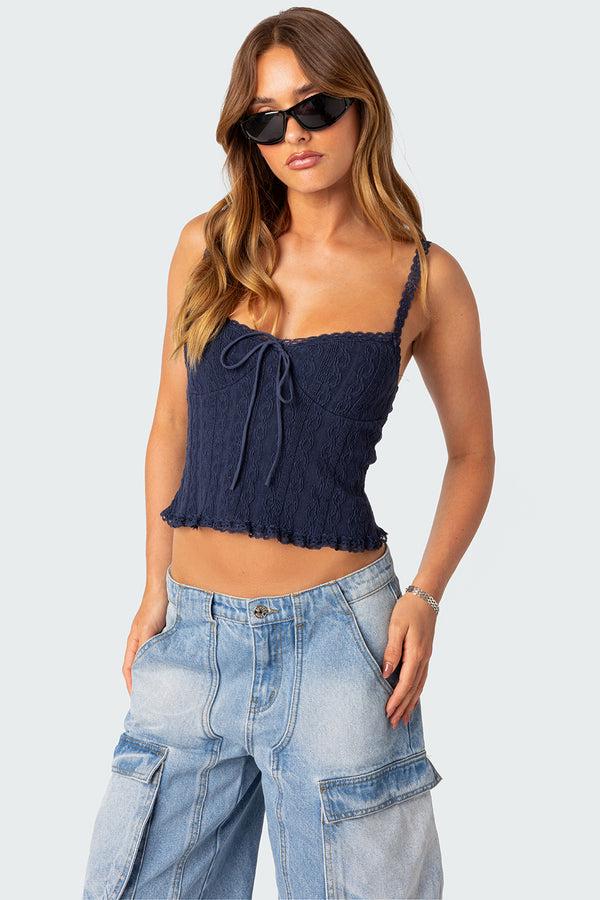 Edikted Lacey Knit Tank Top Navy