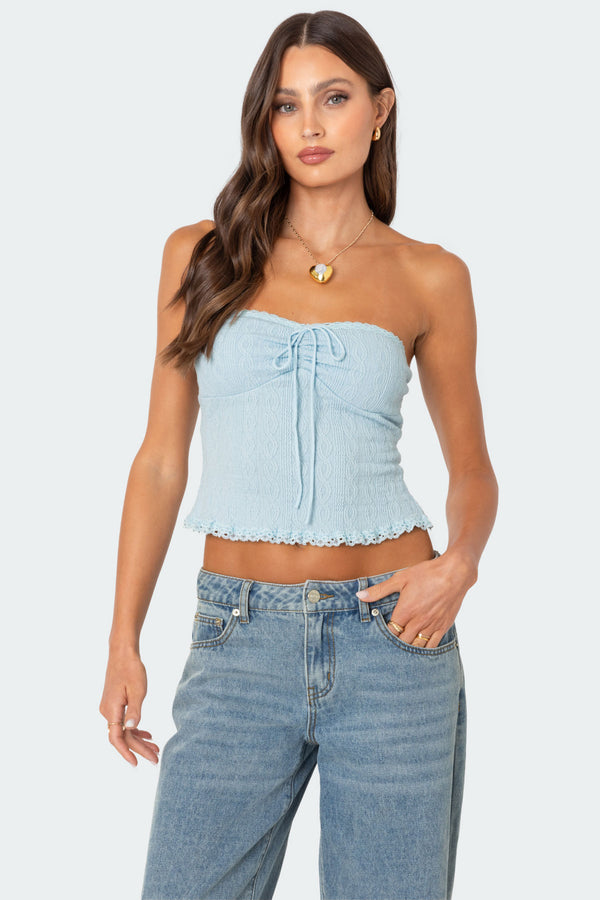 edikted Lacey Knit Tube Top light blue
