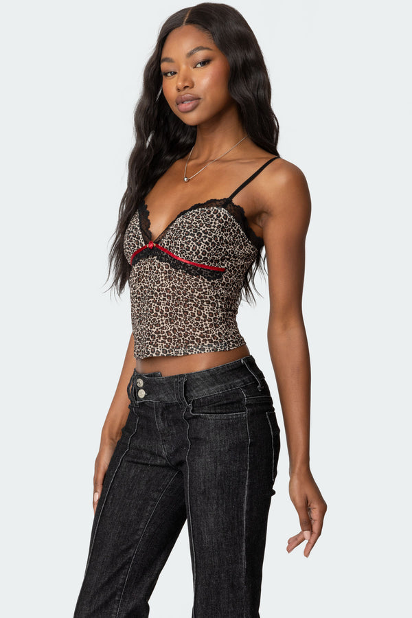 Edikted Lacey Leopard Mesh Tank Top Mix