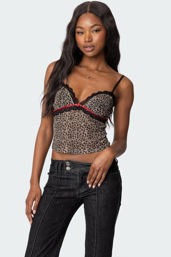edikted Lacey Leopard Mesh Tank Top mix