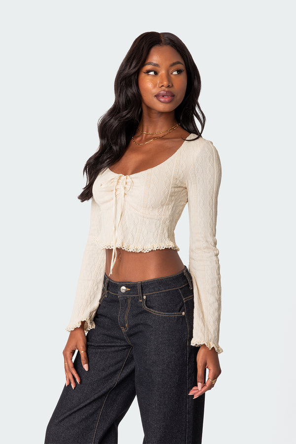 Edikted Lacey Long Sleeve Knit Top Cream