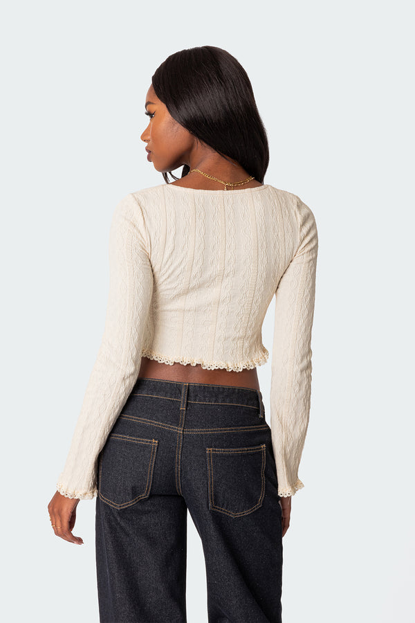 Edikted Lacey Long Sleeve Knit Top Cream