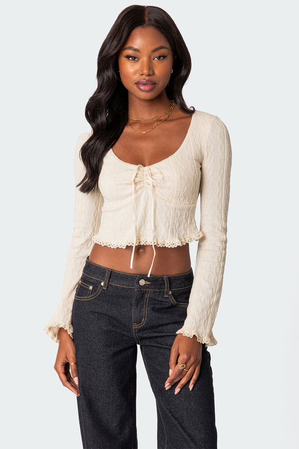 edikted Lacey Long Sleeve Knit Top cream