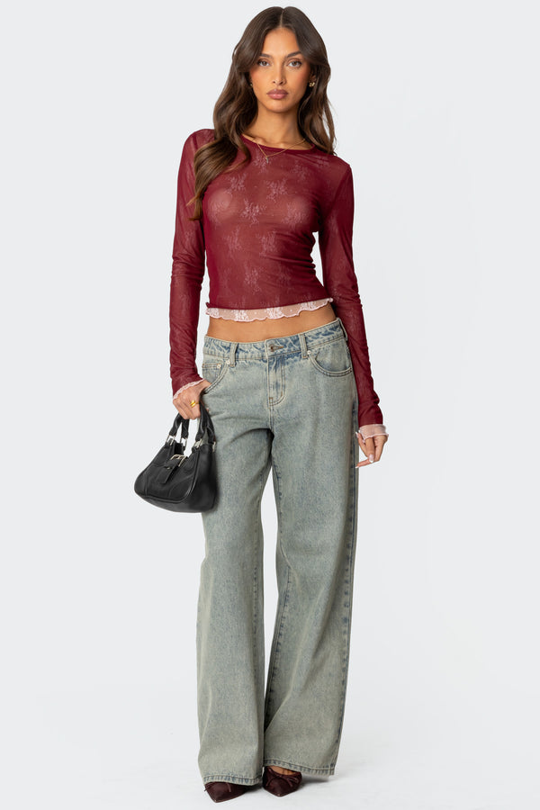 Edikted Lacey Sheer Mesh Crew Neck Top Burgundy