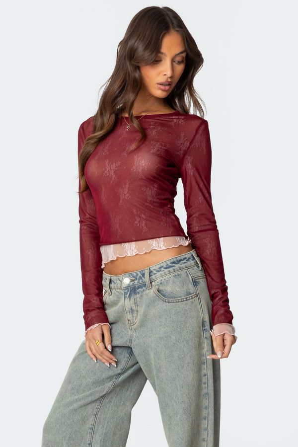 Edikted Lacey Sheer Mesh Crew Neck Top Burgundy