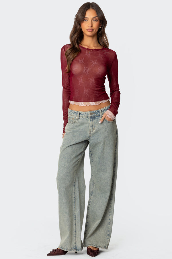 Edikted Lacey Sheer Mesh Crew Neck Top Burgundy