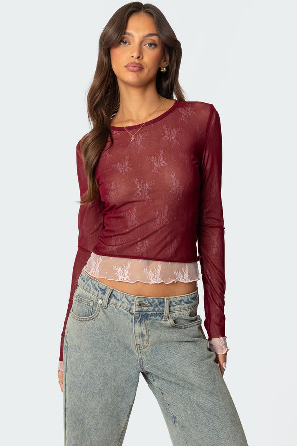 edikted Lacey Sheer Mesh Crew Neck Top burgundy