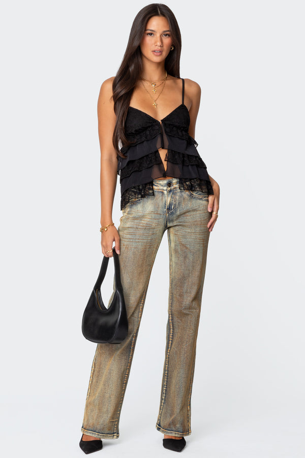 Edikted Lacey Split Front Ruffle Tank Top Black