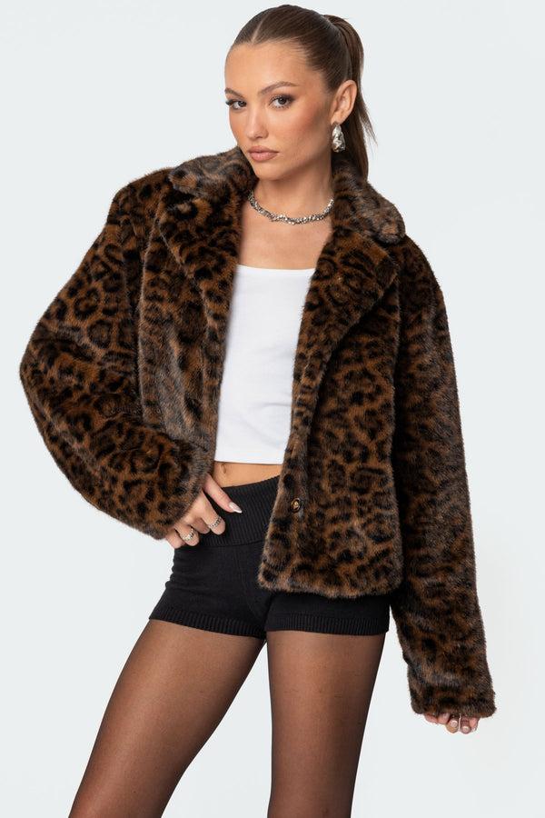 Edikted Lady Leopard Faux Fur Jacket Brown