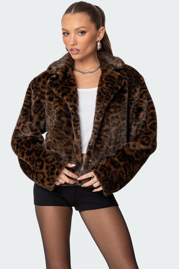 edikted Lady Leopard Faux Fur Jacket brown