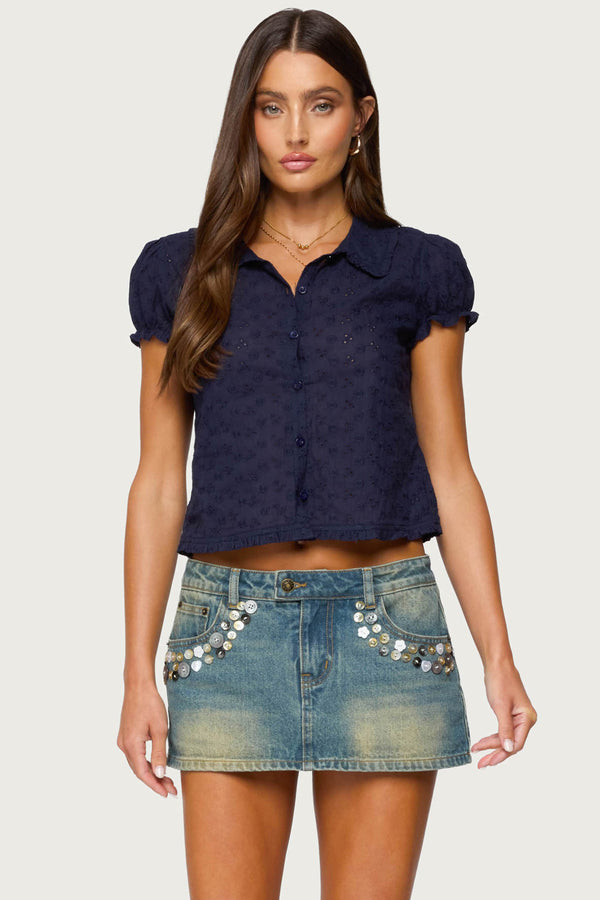 edikted Lanie Eyelet Tailored Button Up Shirt navy