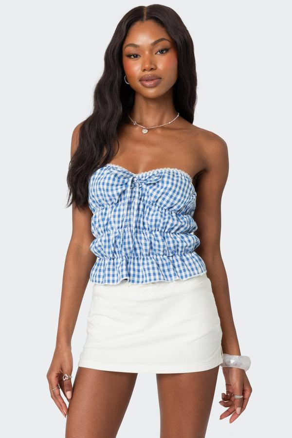 edikted Lanna Gingham Elastic Scrunch Top blue