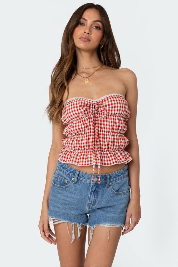 Edikted Lanna Gingham Elastic Scrunch Top Red