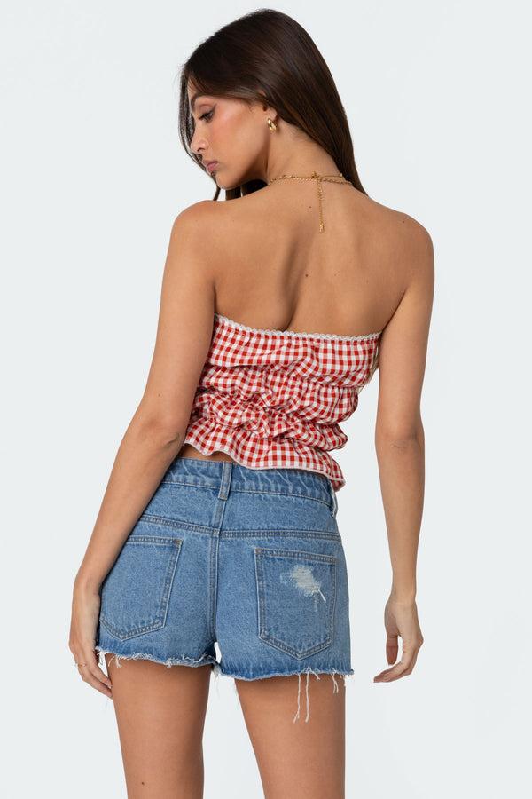 Edikted Lanna Gingham Elastic Scrunch Top Red