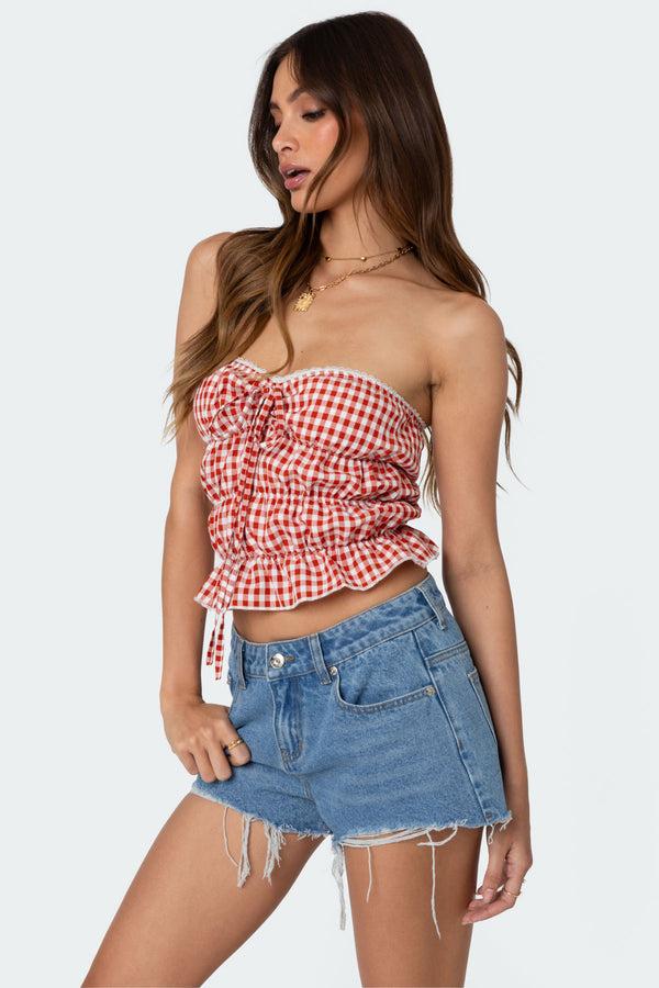 edikted Lanna Gingham Elastic Scrunch Top red