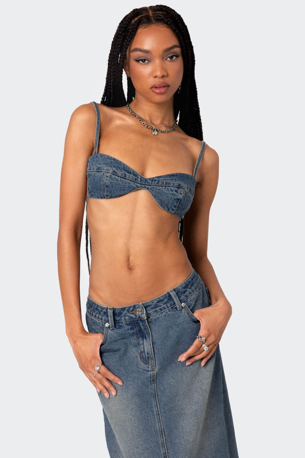 Edikted Lassy Washed Denim Bralette Blue Washed