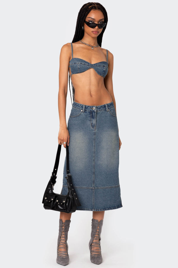 Edikted Lassy Washed Denim Bralette Blue Washed