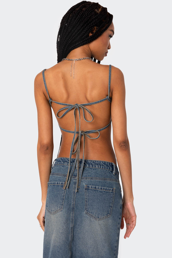 Edikted Lassy Washed Denim Bralette Blue Washed