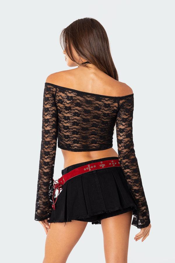 Edikted Laura Off Shoulder Sheer Lace Top Black