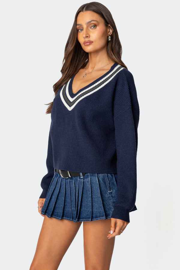 Edikted Lauryl V Neck Sweater Navy